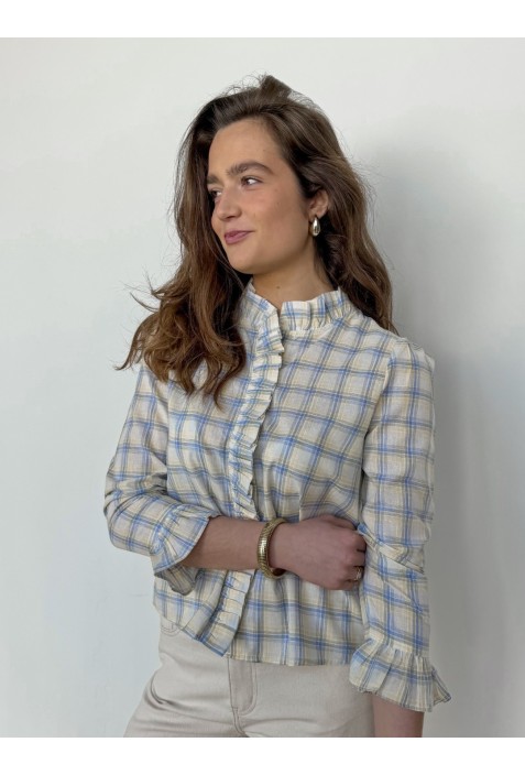 Chemisier LALA à froufrous à carreaux bleus et jaunes