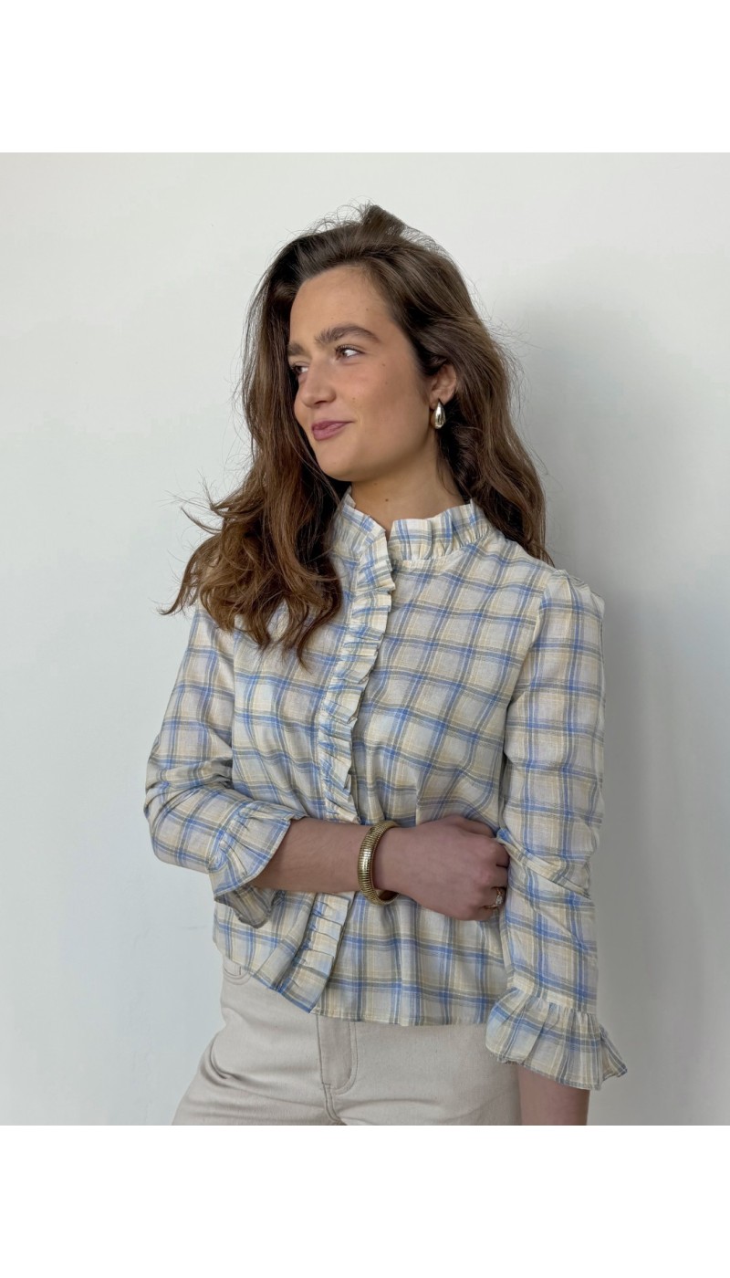 Chemisier LALA à froufrous à carreaux bleus et jaunes