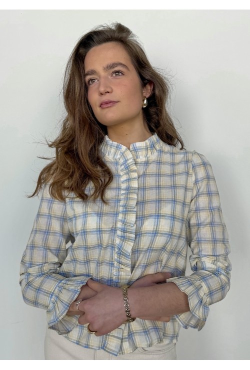 Chemisier LALA à froufrous à carreaux bleus et jaunes