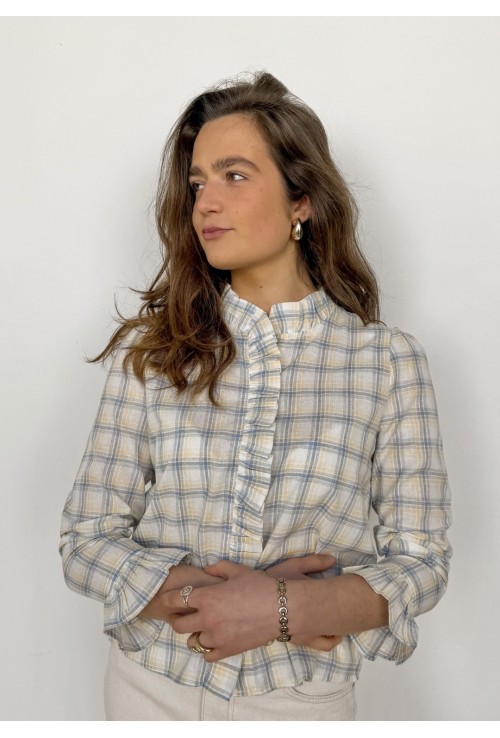 Chemisier LALA à froufrous à carreaux bleus et jaunes