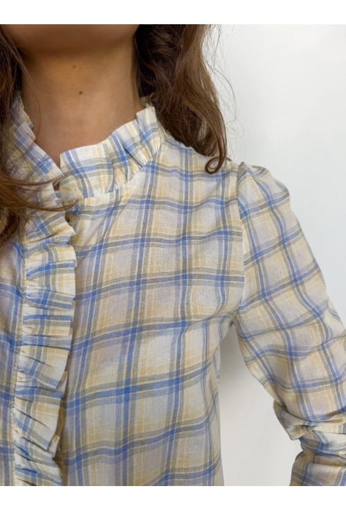 Chemisier LALA à froufrous à carreaux bleus et jaunes