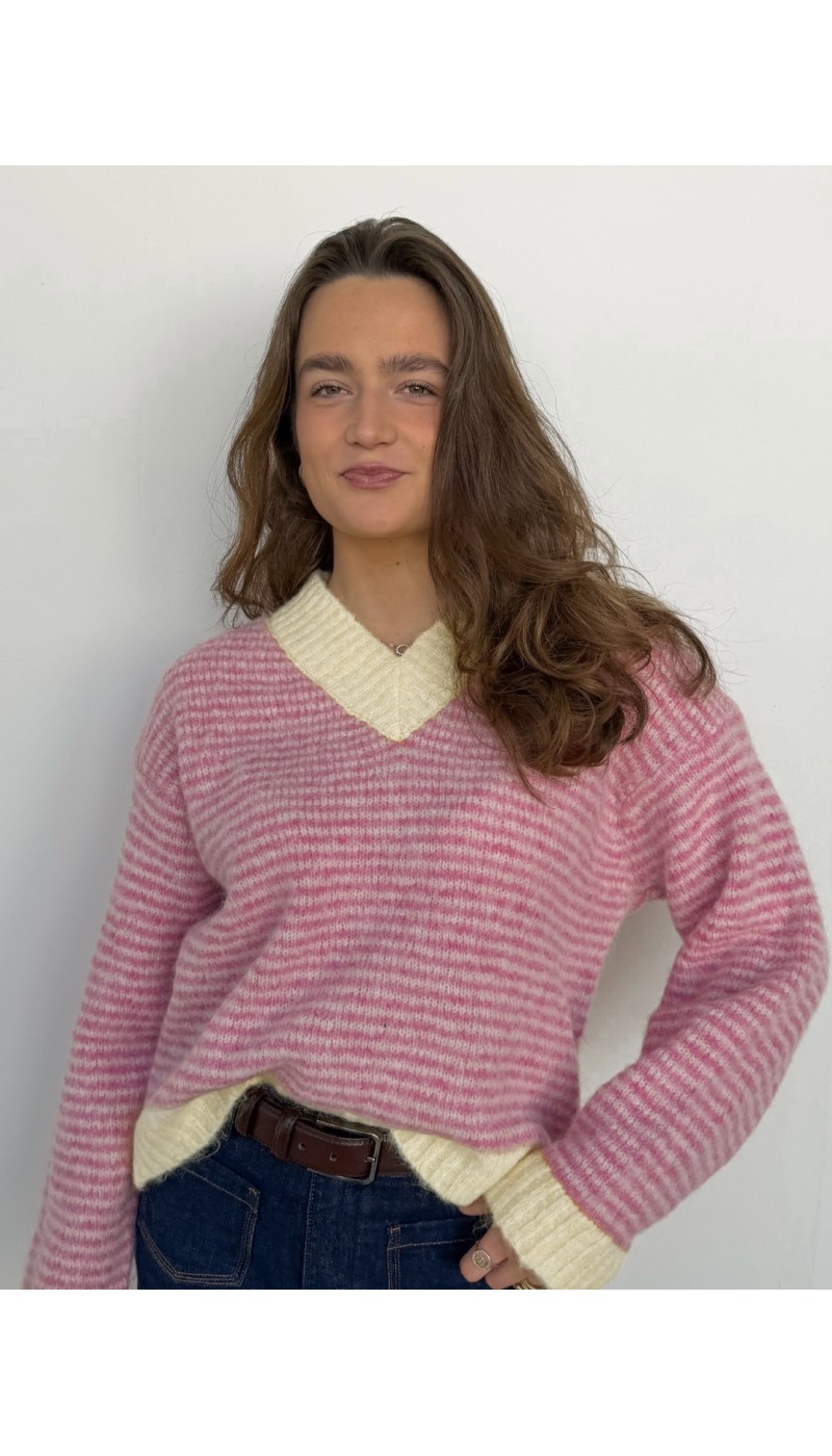 Pull col V CHARLY ROSE ligné