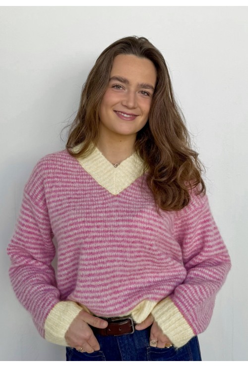 Pull col V CHARLY ROSE ligné