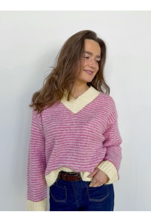 Pull col V CHARLY ROSE ligné