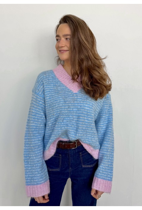 Pull col V CHARLY BLEU ligné
