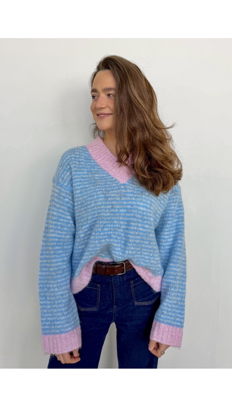 Pull col V CHARLY BLEU ligné