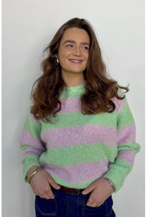 Pull col rond à lignes ARTY ROSE ET VERT