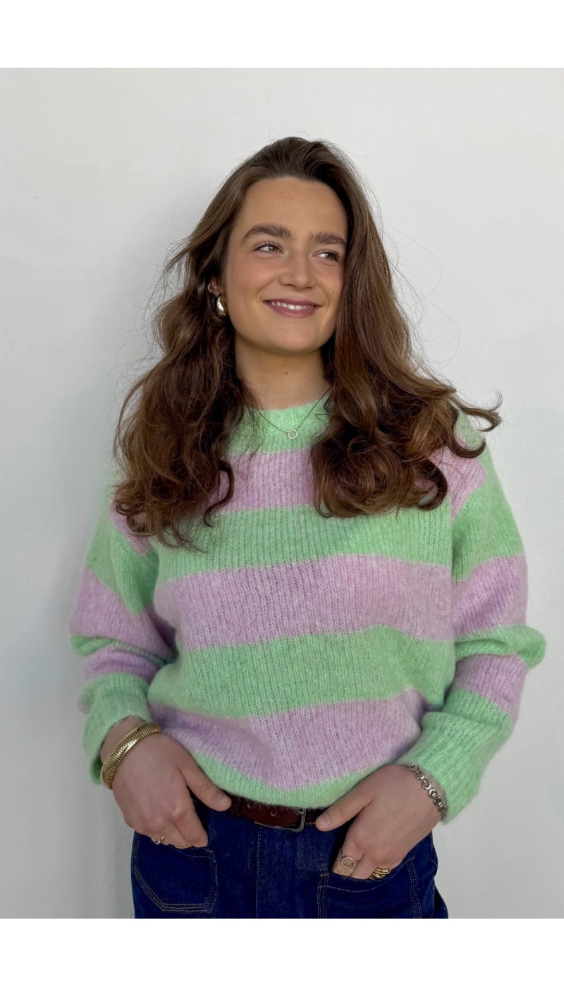 Pull col rond à lignes ARTY ROSE ET VERT
