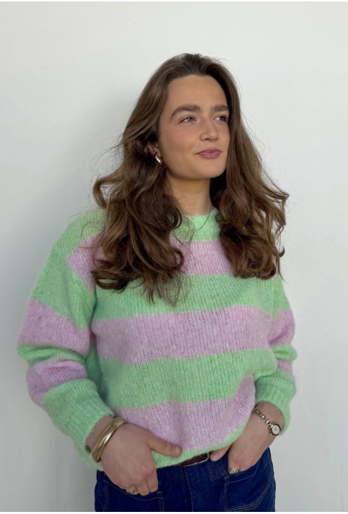 Pull col rond à lignes ARTY ROSE ET VERT
