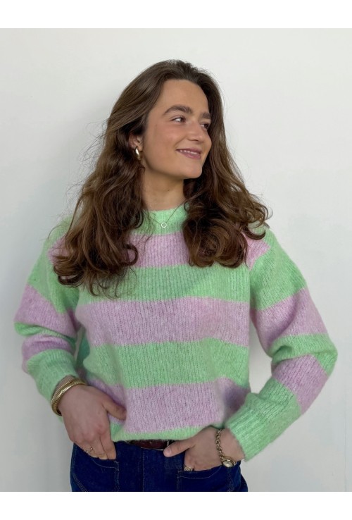 Pull col rond à lignes ARTY ROSE ET VERT