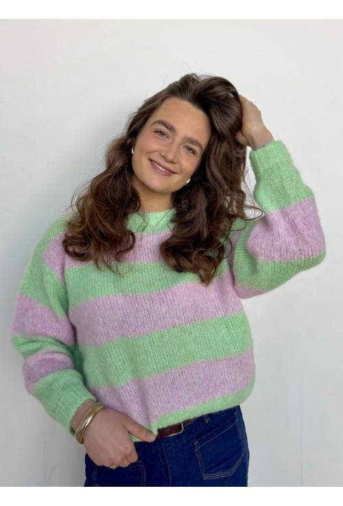 Pull col rond à lignes ARTY ROSE ET VERT