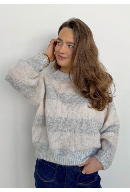 Pull col rond à lignes ARTY ECRU ET GRIS