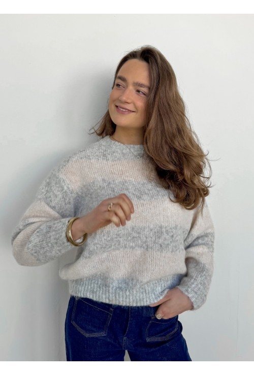 Pull col rond à lignes ARTY ECRU ET GRIS
