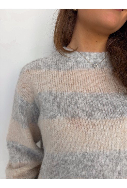 Pull col rond à lignes ARTY ECRU ET GRIS