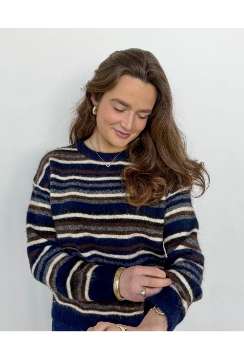 Pull PAOLO marine à lignes blanches et beiges