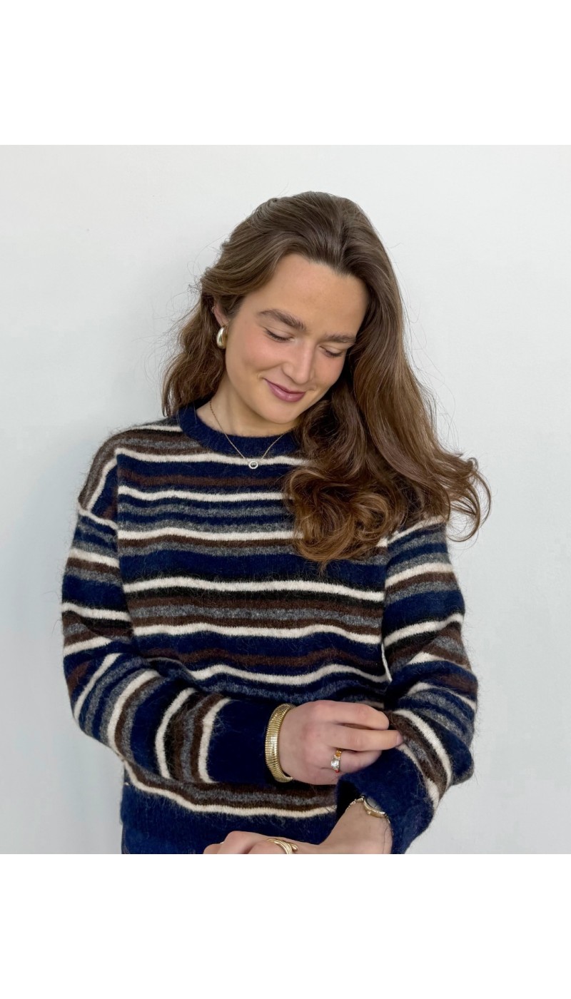 Pull PAOLO marine à lignes blanches et beiges