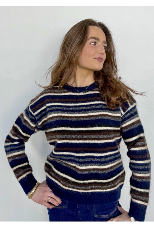 Pull PAOLO marine à lignes blanches et beiges