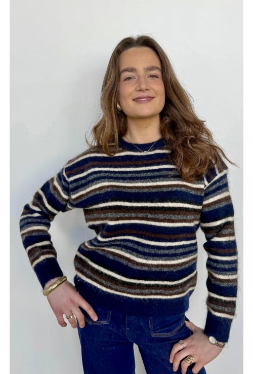 Pull PAOLO marine à lignes blanches et beiges