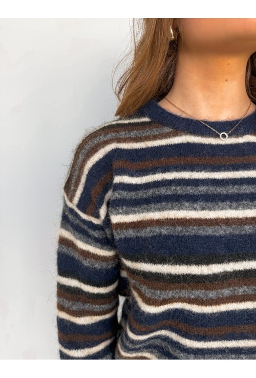 Pull PAOLO marine à lignes blanches et beiges