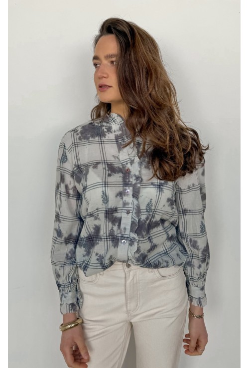 Chemisier SERENA bleu tie and dye à froufrous