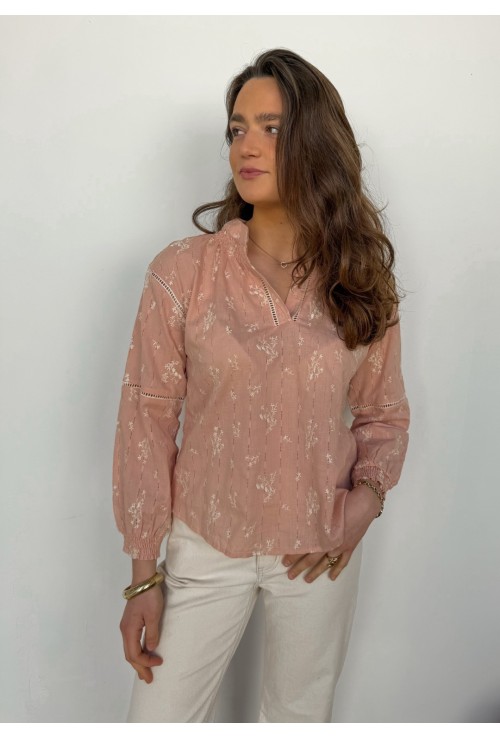 Chemisier ANDREA rose poudré brodé de fleurs blanches