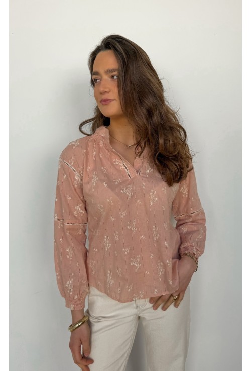 Chemisier ANDREA rose poudré brodé de fleurs blanches
