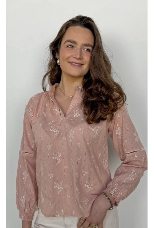 Chemisier ANDREA rose poudré brodé de fleurs blanches