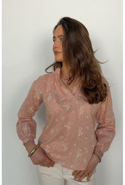 Chemisier ANDREA rose poudré brodé de fleurs blanches