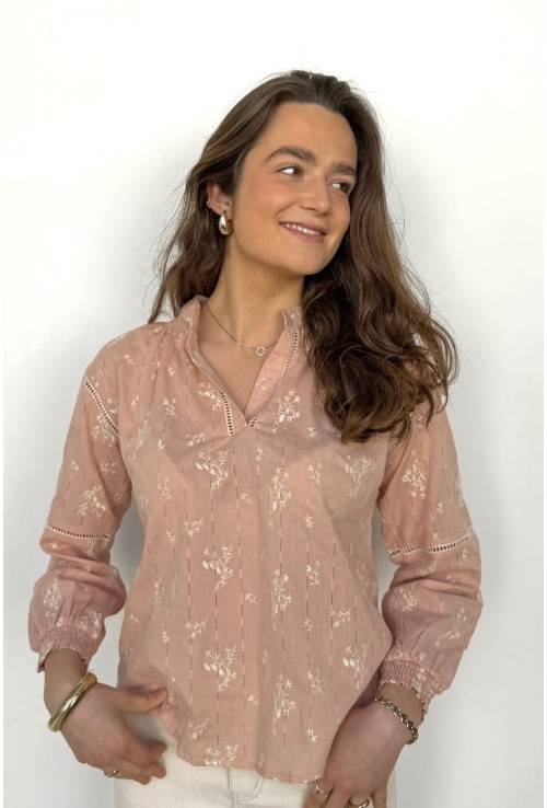 Chemisier ANDREA rose poudré brodé de fleurs blanches