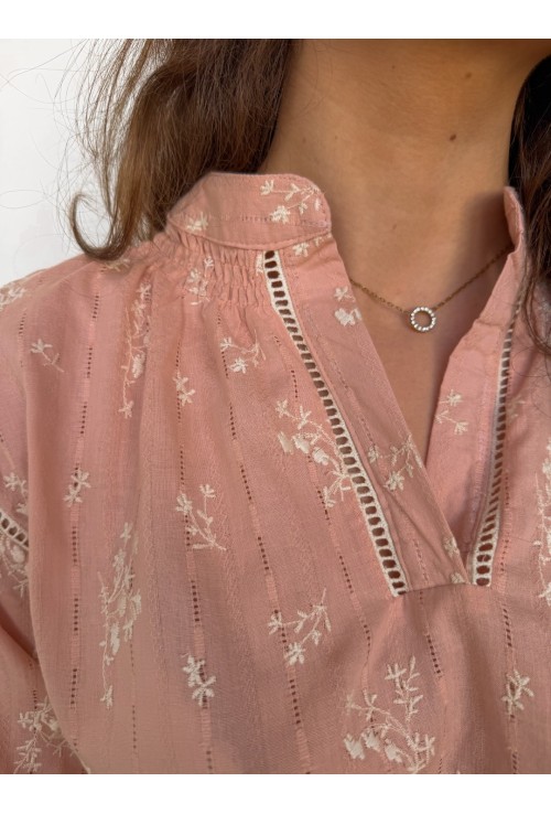 Chemisier ANDREA rose poudré brodé de fleurs blanches