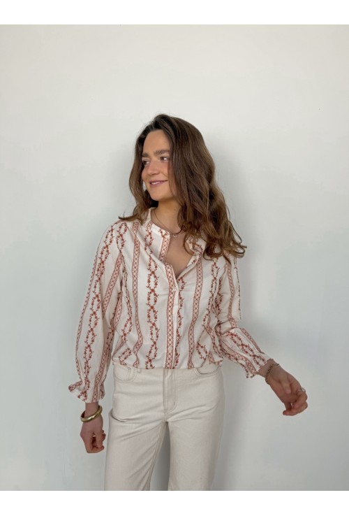 Chemisier ASTRID écru brodé de fleurs terra cotta