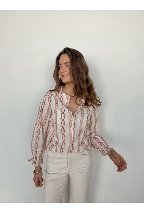 Chemisier ASTRID écru brodé de fleurs terra cotta