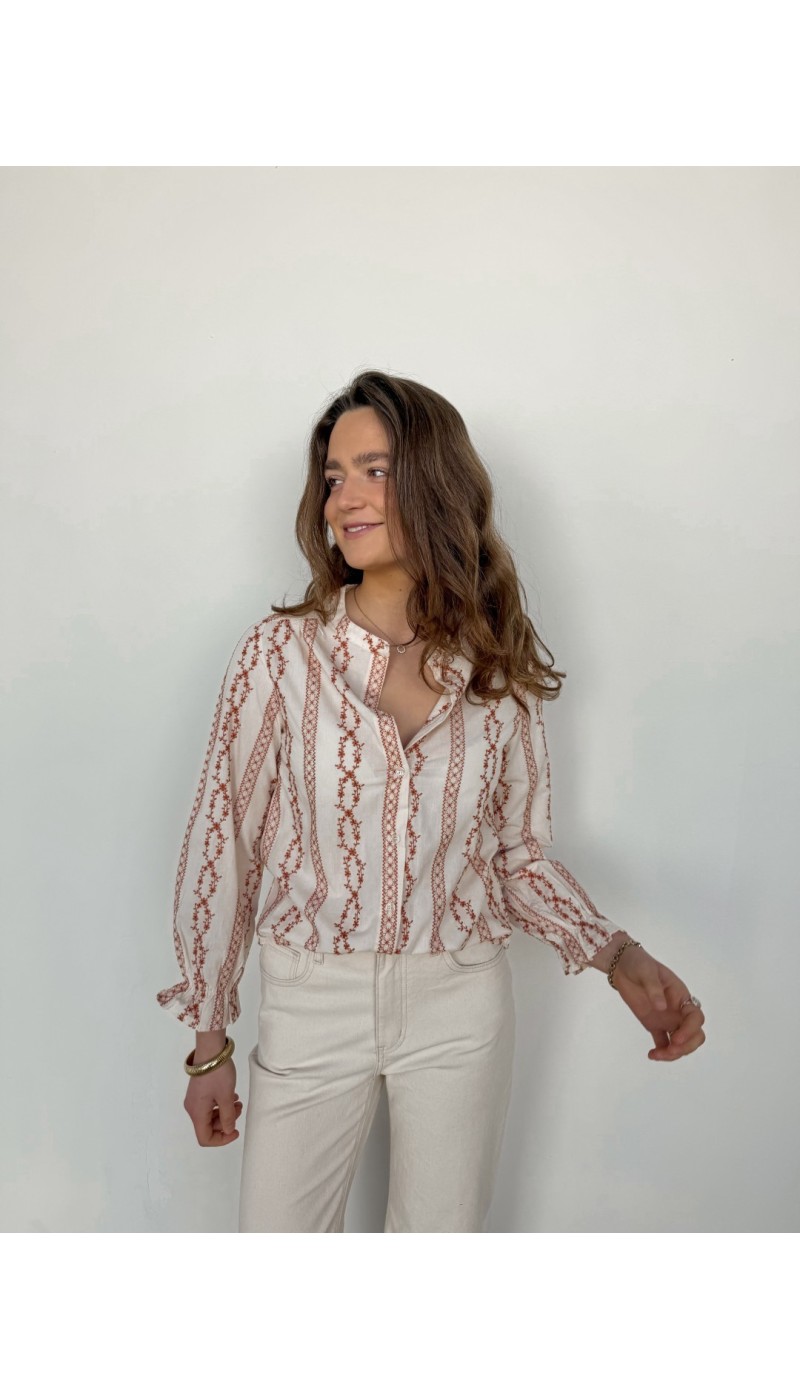 Chemisier ASTRID écru brodé de fleurs terra cotta