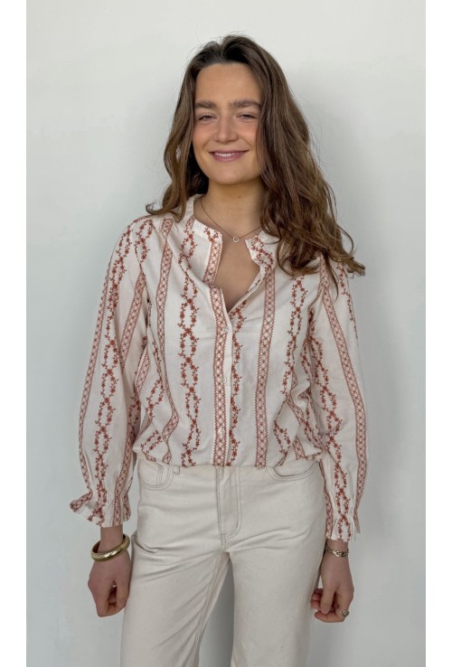 Chemisier ASTRID écru brodé de fleurs terra cotta