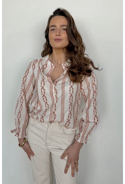 Chemisier ASTRID écru brodé de fleurs terra cotta