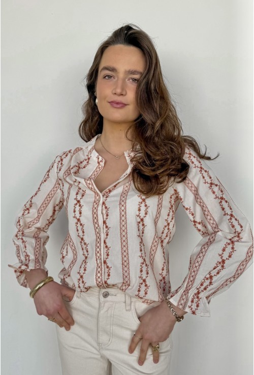 Chemisier ASTRID écru brodé de fleurs terra cotta