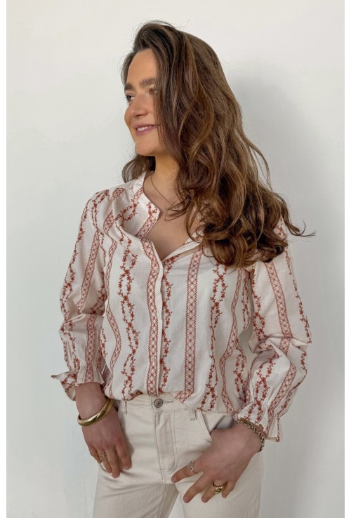 Chemisier ASTRID écru brodé de fleurs terra cotta
