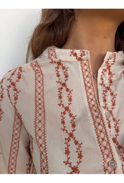 Chemisier ASTRID écru brodé de fleurs terra cotta