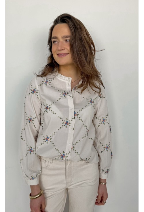 Chemisier ARTEMIS écru brodé de fleurs multicolores