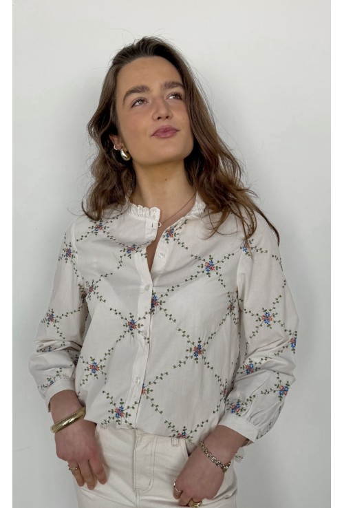 Chemisier ARTEMIS écru brodé de fleurs multicolores
