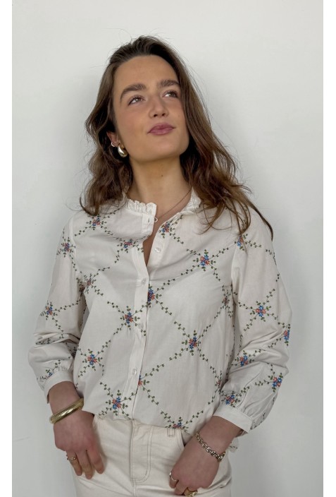 Chemisier ARTEMIS écru brodé de fleurs multicolores