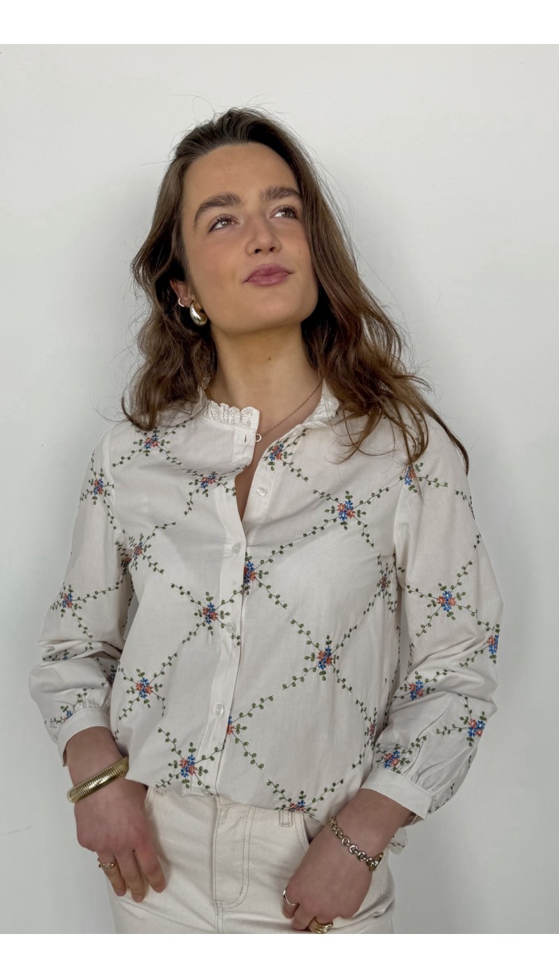 Chemisier ARTEMIS écru brodé de fleurs multicolores