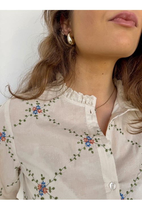 Chemisier ARTEMIS écru brodé de fleurs multicolores