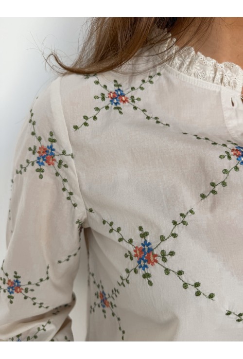Chemisier ARTEMIS écru brodé de fleurs multicolores