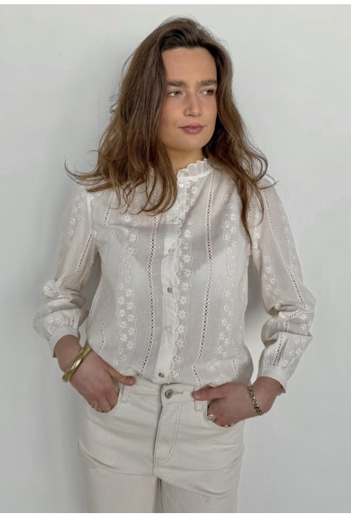 Chemisier ARIANE  écru brodé de fleurs écrues