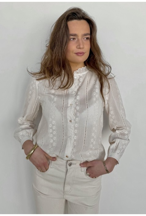 Chemisier ARIANE  écru brodé de fleurs écrues