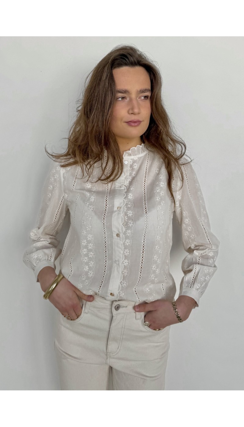Chemisier ARIANE  écru brodé de fleurs écrues