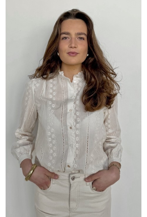 Chemisier ARIANE  écru brodé de fleurs écrues