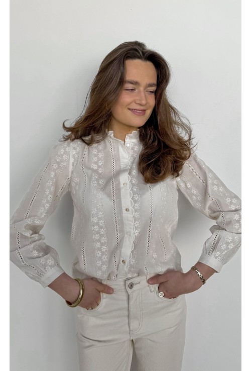Chemisier ARIANE  écru brodé de fleurs écrues