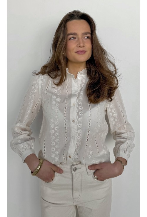 Chemisier ARIANE  écru brodé de fleurs écrues
